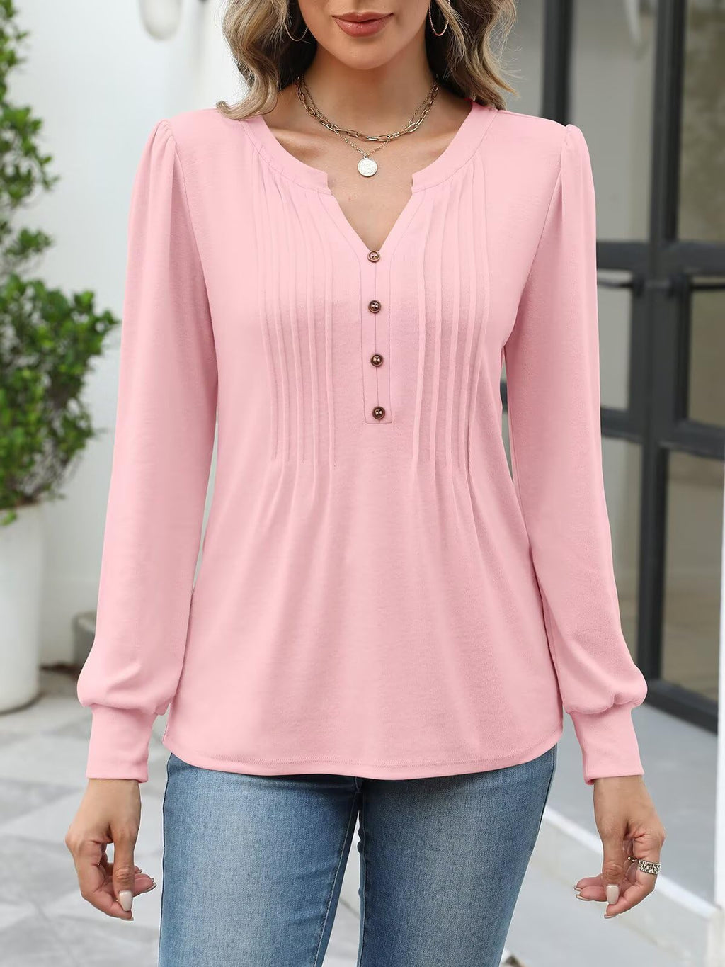 TICTICMISS Women's Puff Long Sleeve Tops Pleated V Neck T Shirts Henley Button Tunic Blouses Peach Pink
