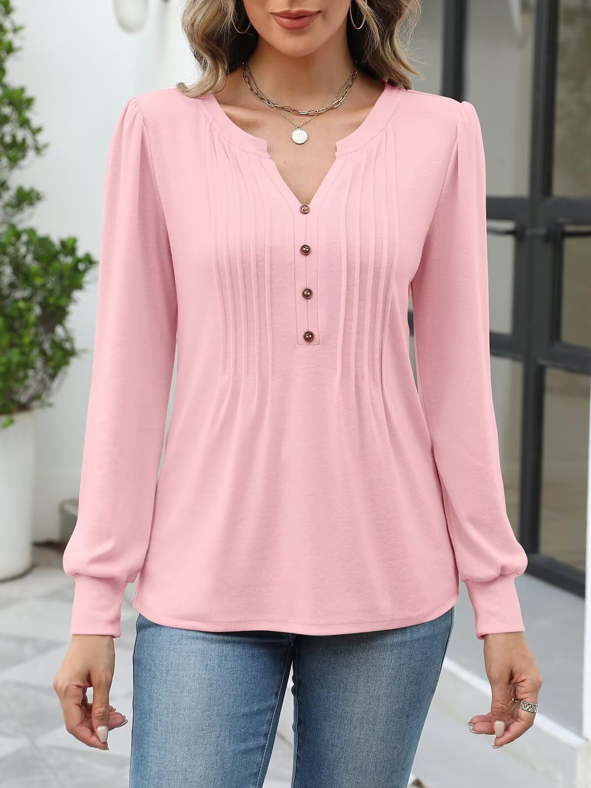 TICTICMISS Women's Puff Long Sleeve Tops Pleated V Neck T Shirts Henley Button Tunic Blouses Peach Pink