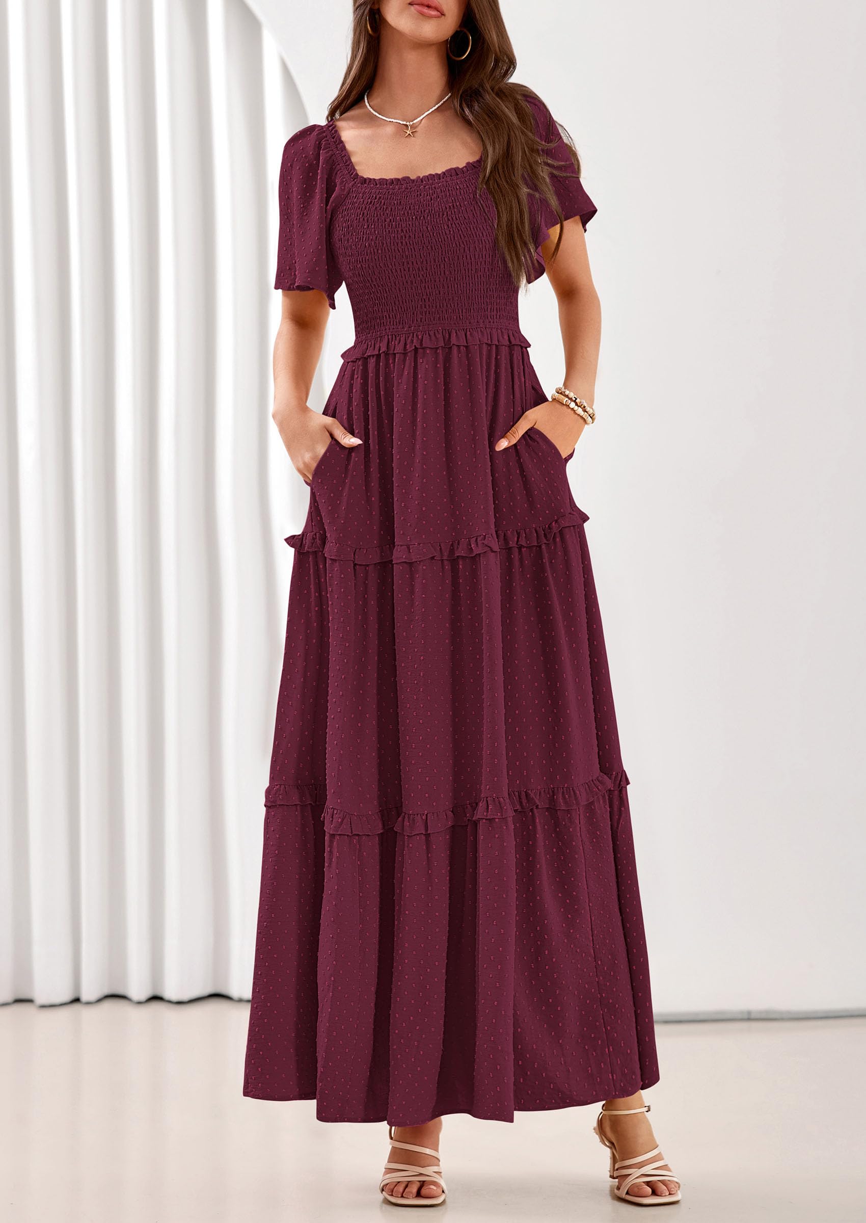 PRETTYGARDEN Summer Dresses for Women 2026 Boho Maxi Smocked Spring Wedding Guest Square Neck Short Sleeve Swiss Dot Dress (Wine Red,X-Large)