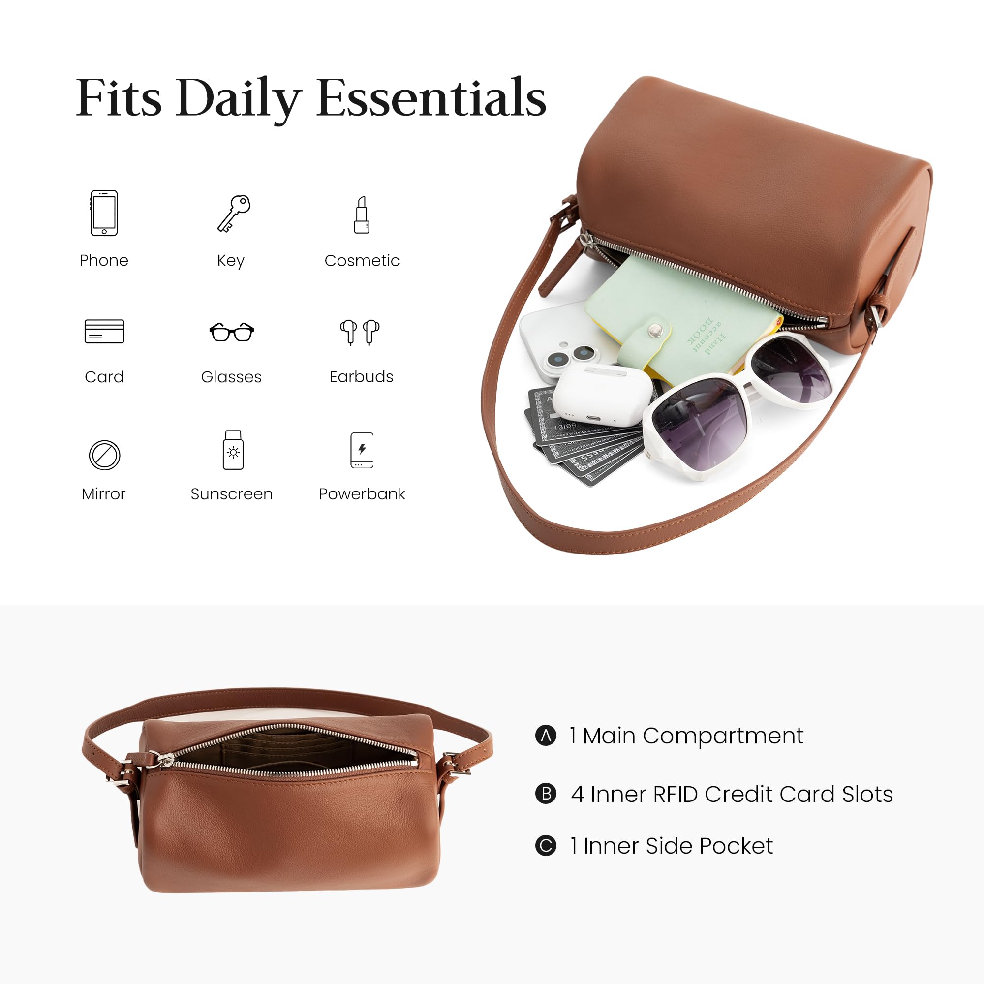 befen Brown Leather Crossbody Bag for Women, Small Genuine Leather Hobo Purse, Soft Top Grain Leather Barrel Bag with RFID Card Slots