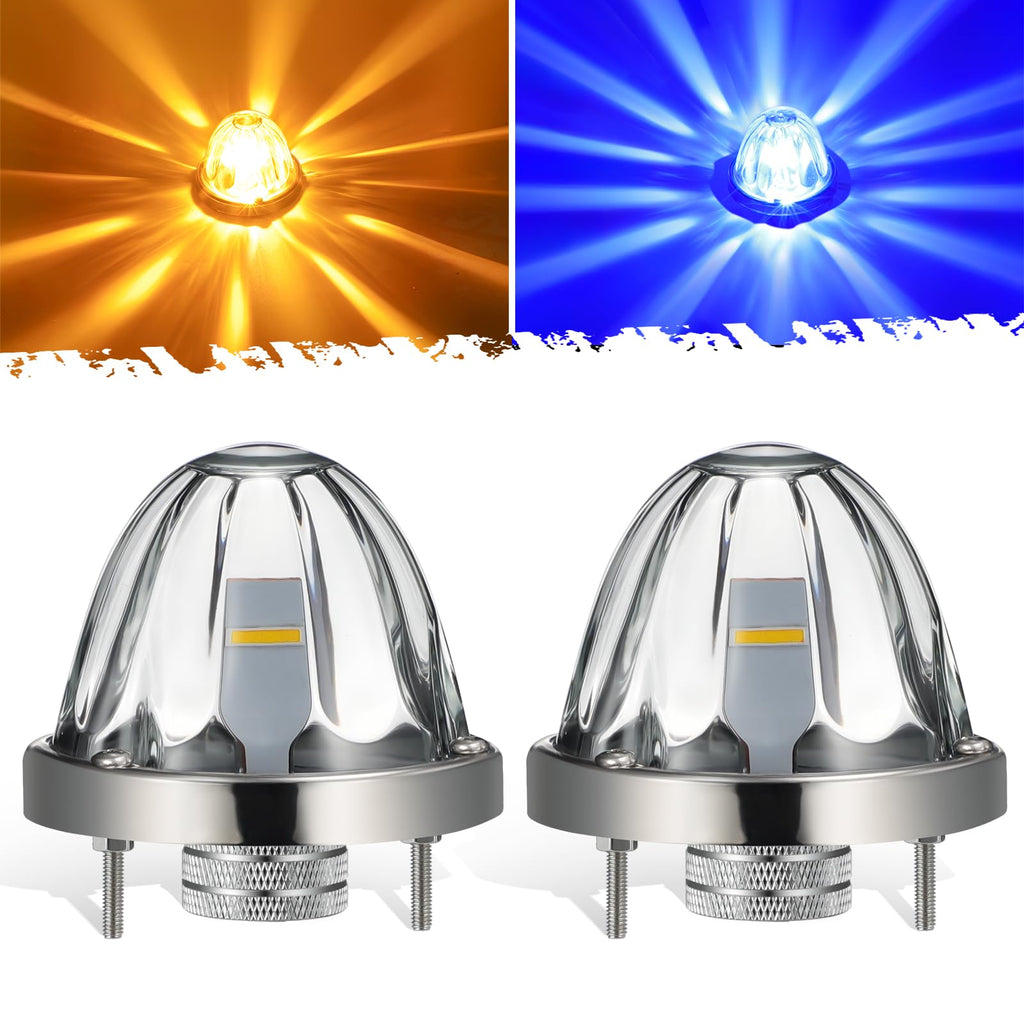 Partsam 2Pcs Dual Color Amber/Blue LED Glass Lens Watermelon Lights [Patented], Turn Signal Marker Lights with Stainless Steel Bezel Compatible with Kenworth Peterbilt Freightliner