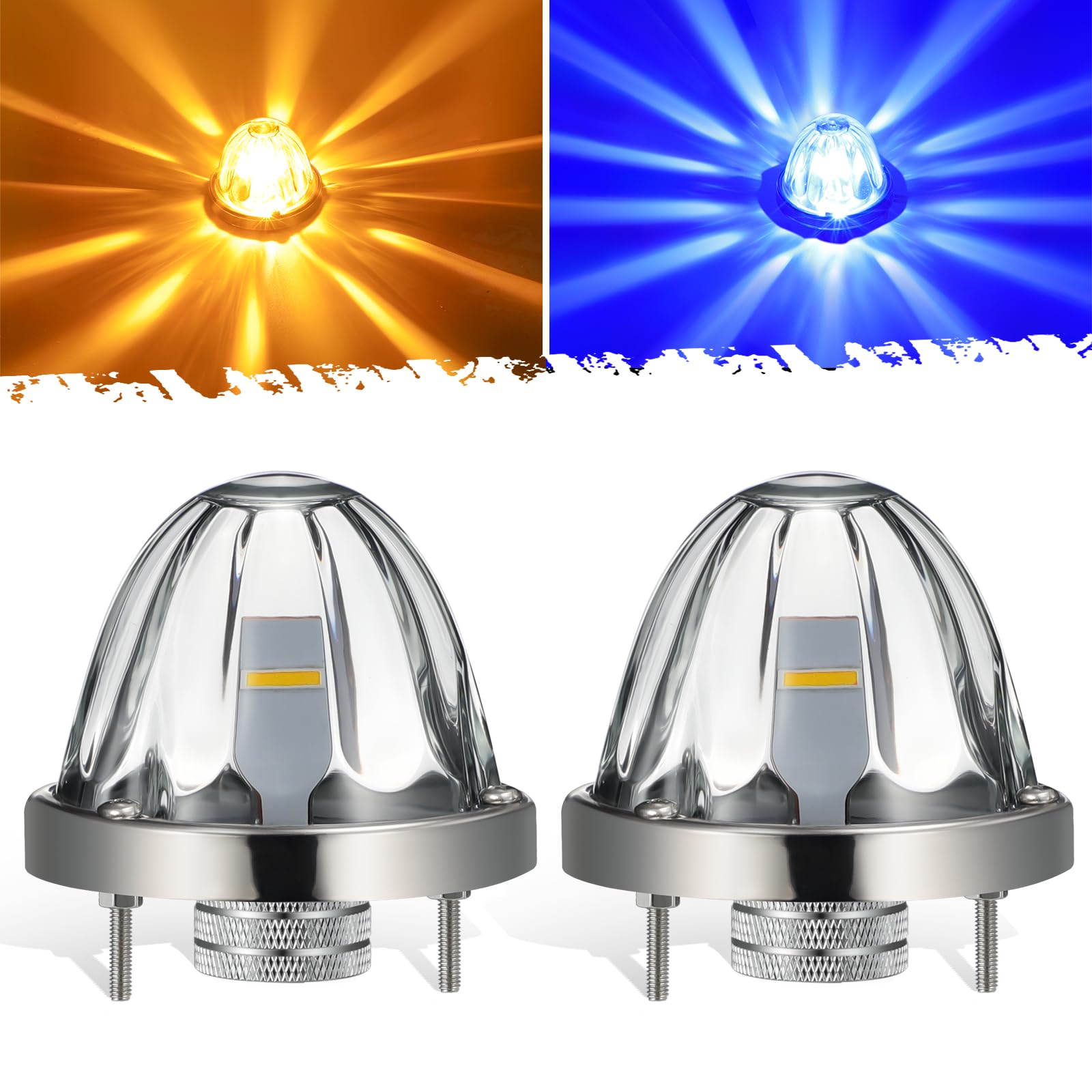 Partsam 2Pcs Dual Color Amber/Blue LED Glass Lens Watermelon Lights [Patented], Turn Signal Marker Lights with Stainless Steel Bezel Compatible with Kenworth Peterbilt Freightliner