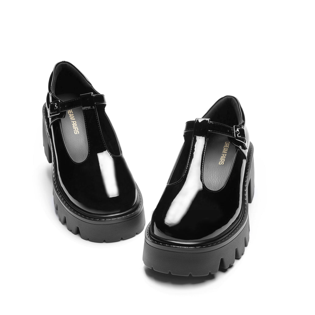 DREAM PAIRS Women's T-Strap Mary Jane Shoes Low Platform Chunky Block Heels Closed Toe Work Pumps Comfortable Round Toe Dress Wedding Party Shoes,Size 7.5,Black-Pat,DWUMPU2571