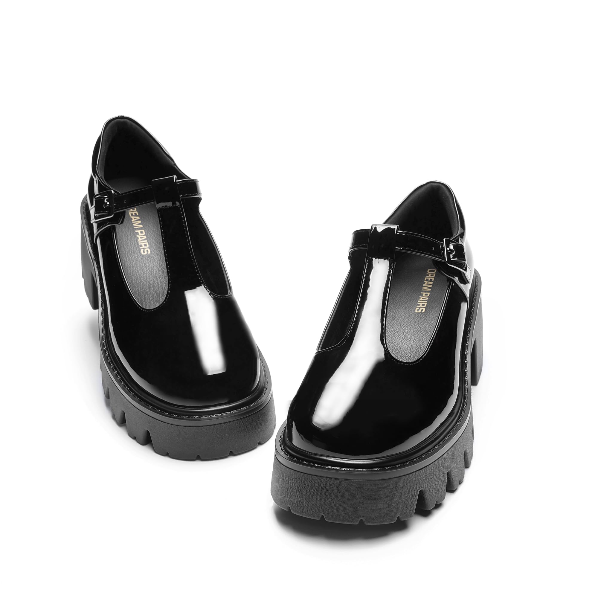 DREAM PAIRS Women's T-Strap Mary Jane Shoes Low Platform Chunky Block Heels Closed Toe Work Pumps Comfortable Round Toe Dress Wedding Party Shoes,Size 7.5,Black-Pat,DWUMPU2571