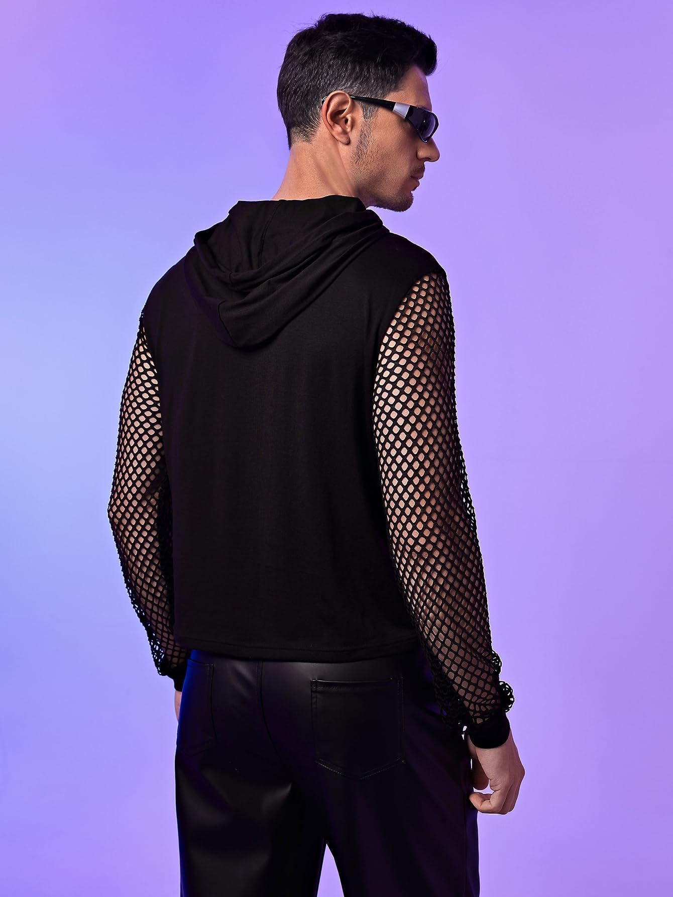 WDIRARA Men's Fishnet Mesh Long Sleeve Drawstring Crop Hoodie Sweatshirt Pullover Black Solid XX-Large