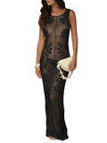 WDIRARA Women's Floral Crochet Sheer Cover Up Maxi Beach Dress Hollow Out Sleeveless Coverups Black Medium
