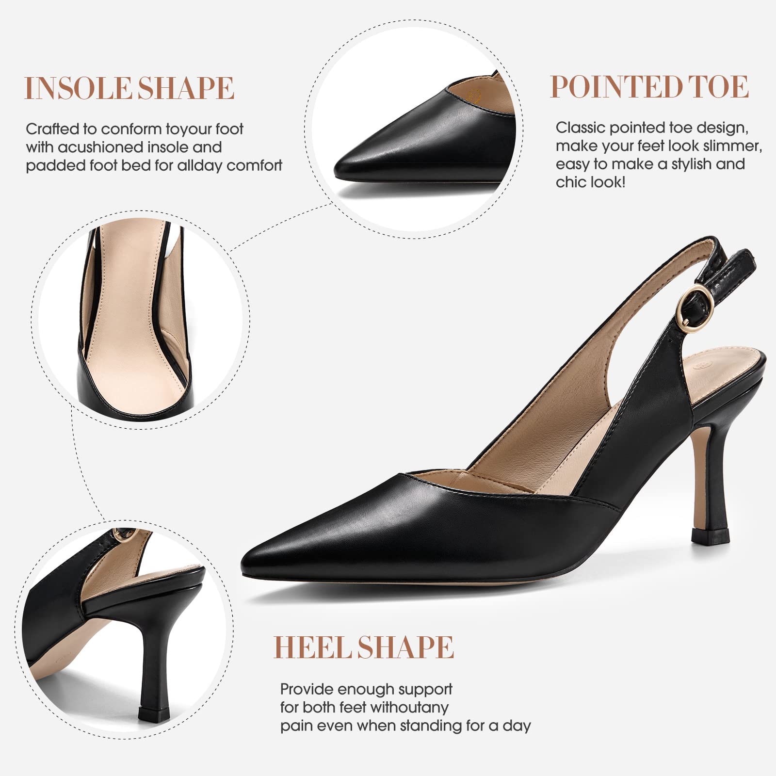 Rilista Women's Kitten Heels Pumps Pointed Closed Toe Wedding Party Dress Slingback Pump Shoes