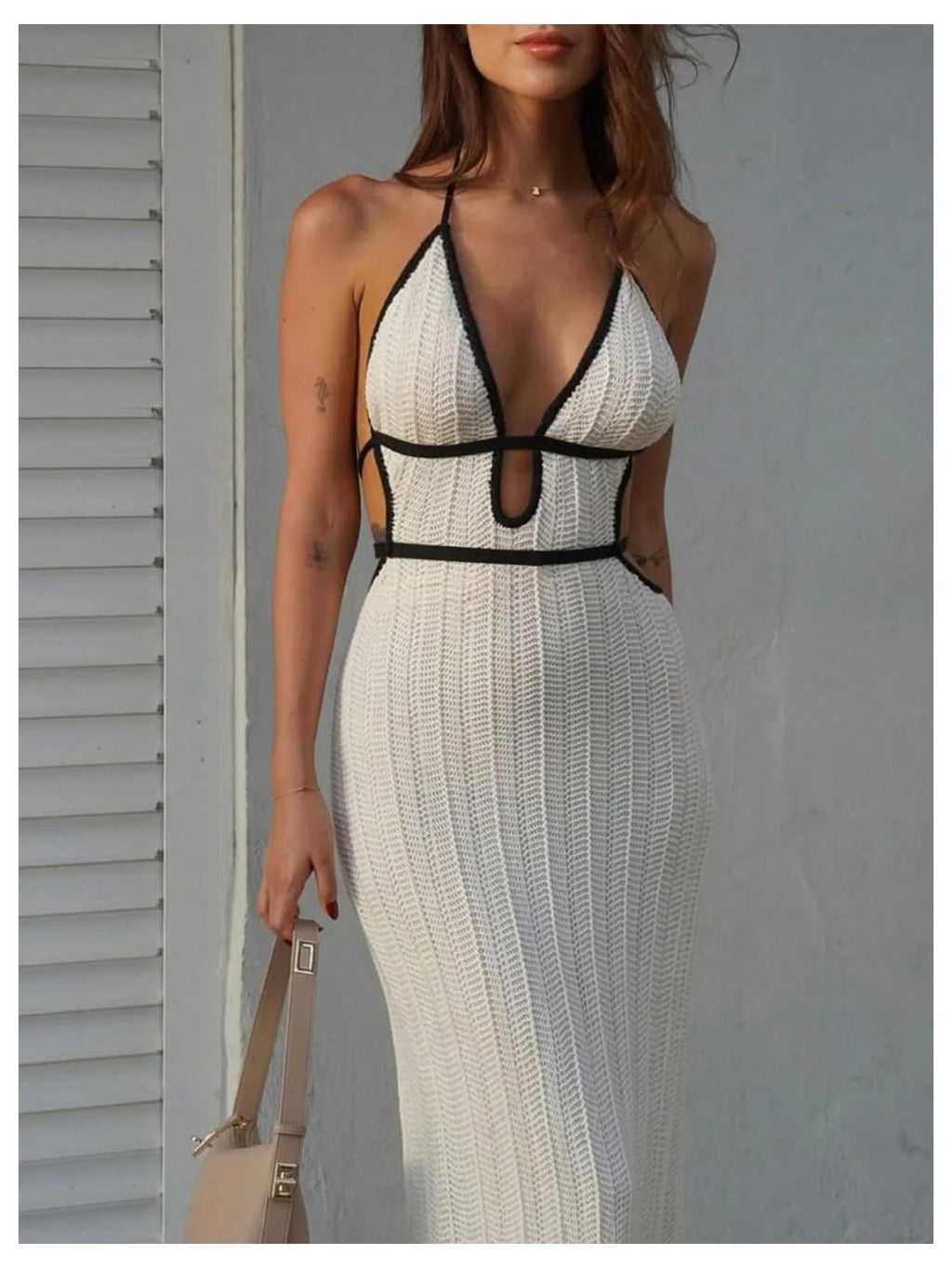 GORGLITTER Women's Deep V Halter Knit Boho Maxi Dress Backless Crochet Birthday Fall Wedding Guest Long Dresses White Small