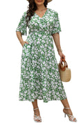 Keluummi Plus Size Maxi Dress for Women V-Neck Floral Empire Waist 3/4 Sleeve with Pockets(18 Plus, 02 - Green Floral)
