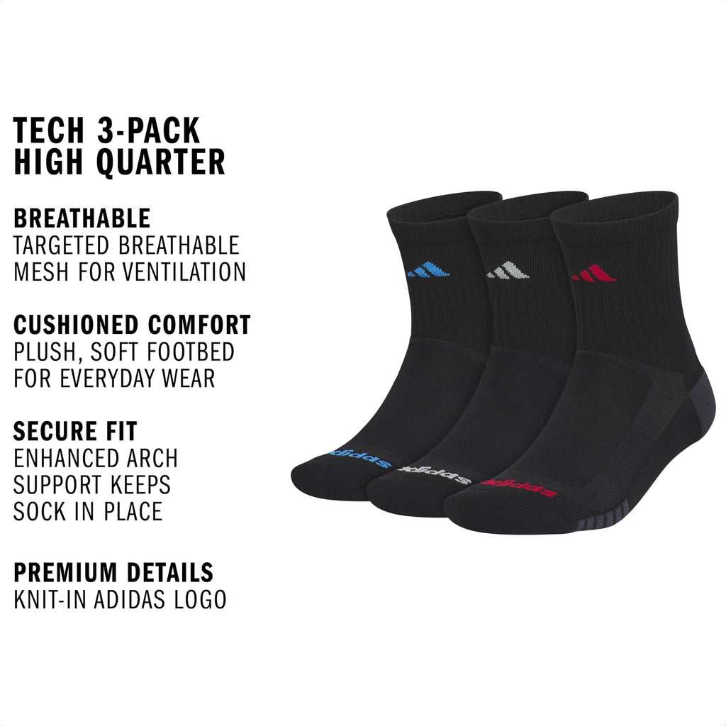 adidas Mens Tech High Quarter Socks (3 Pairs) Performance & Training