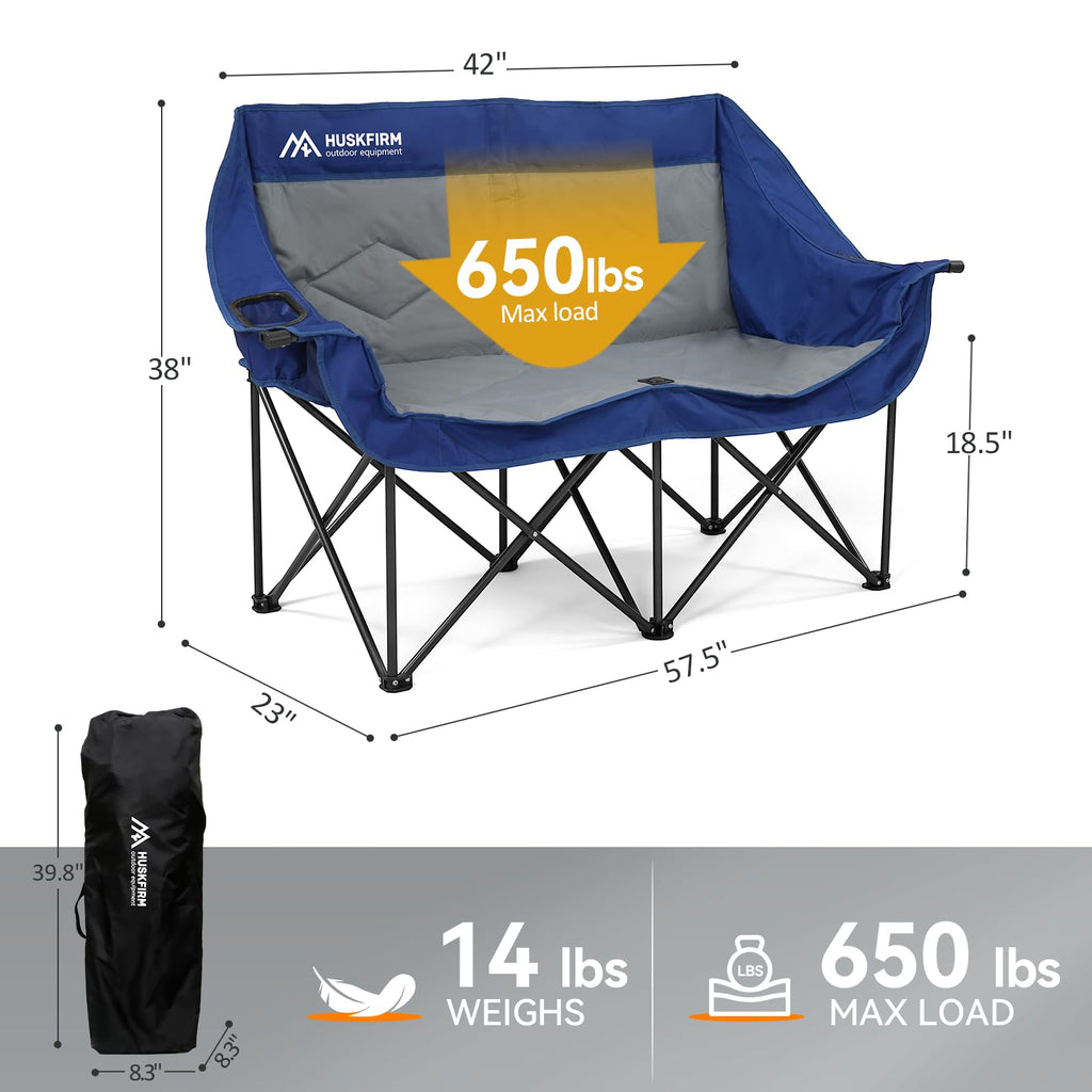 Double Camping Chairs Oversized Loveseat - 2 Person Camping Chair Portable Lawn Folding Chair for Outside Adults - Heavy Duty Outdoor Camping Couch with Cup Hold, Blue