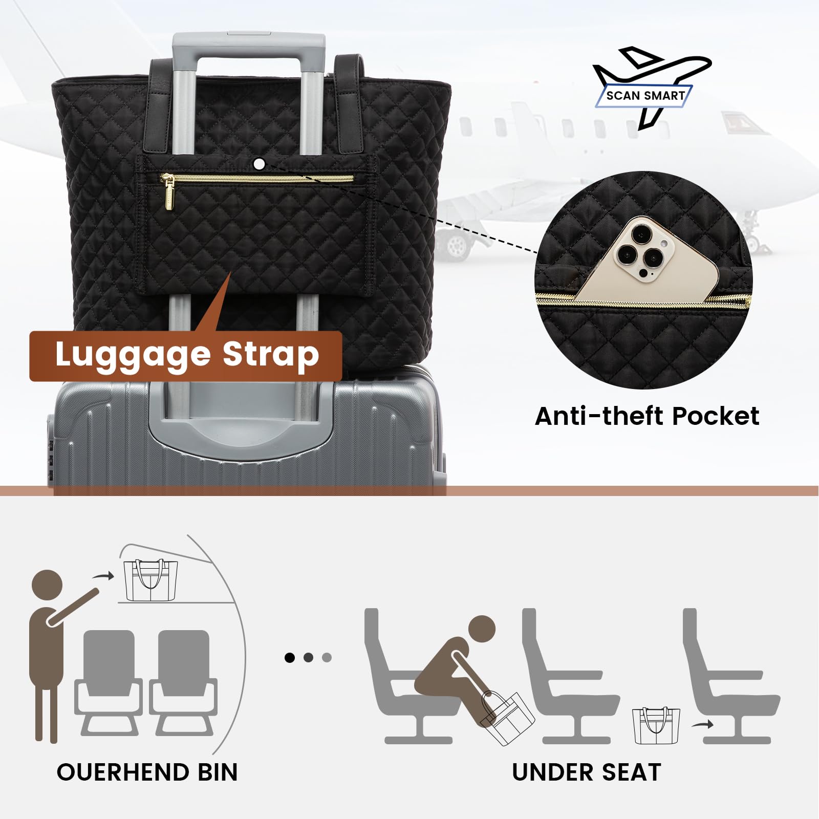 LOVEVOOK Laptop Bag for Women 15.6 inch,Diamond Quilted Work Tote Bags Womens Laptop Tote Computer Shoulder Bags,Stylish Travel Tote Bags Laptop Purse Case Briefcase Handbag with Clutch Bag,Black