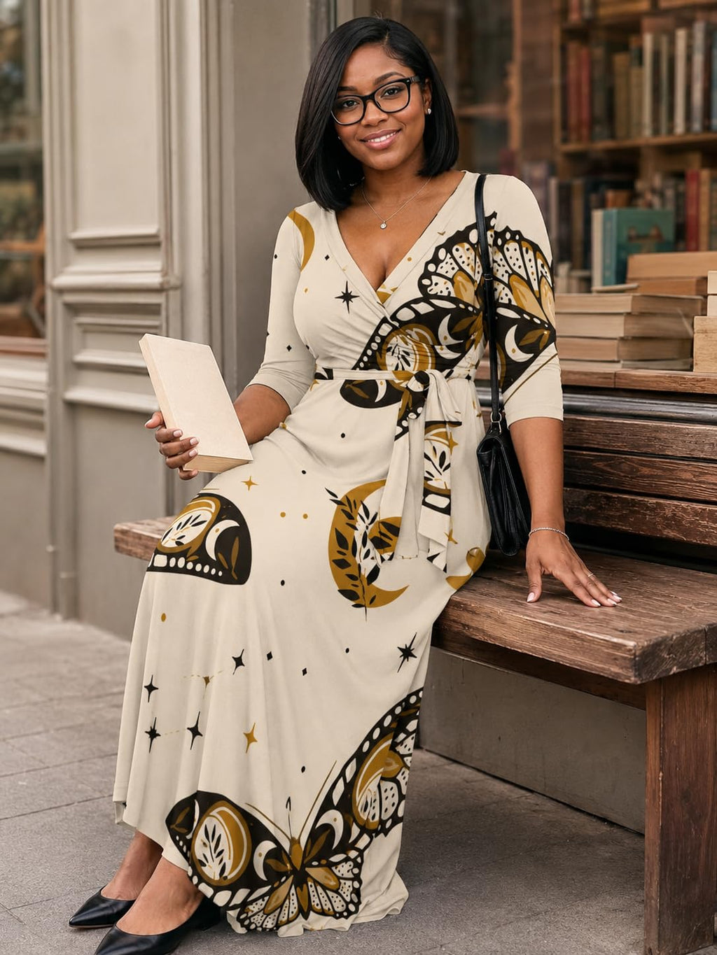 Plus Size Maxi Dress for Women Sexy V Neck 3/4 Sleeve Long Party Dresses with Belt Butterfly 2XL