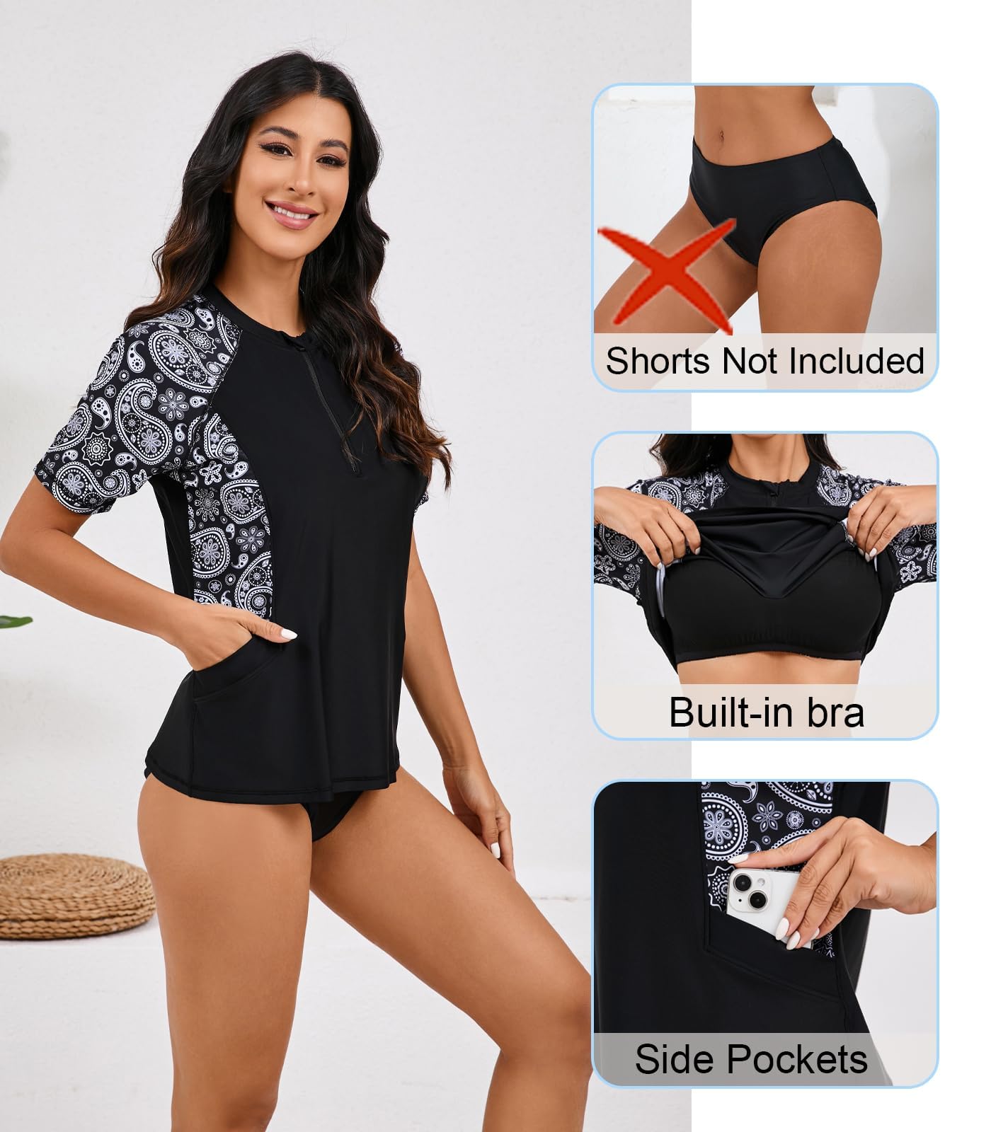 Halcurt Women's Half Zip Short Sleeve Rash Guard Top with Bra Side Pockets Swim Shirts UPF50+ Swimsuit Black White Paisley S