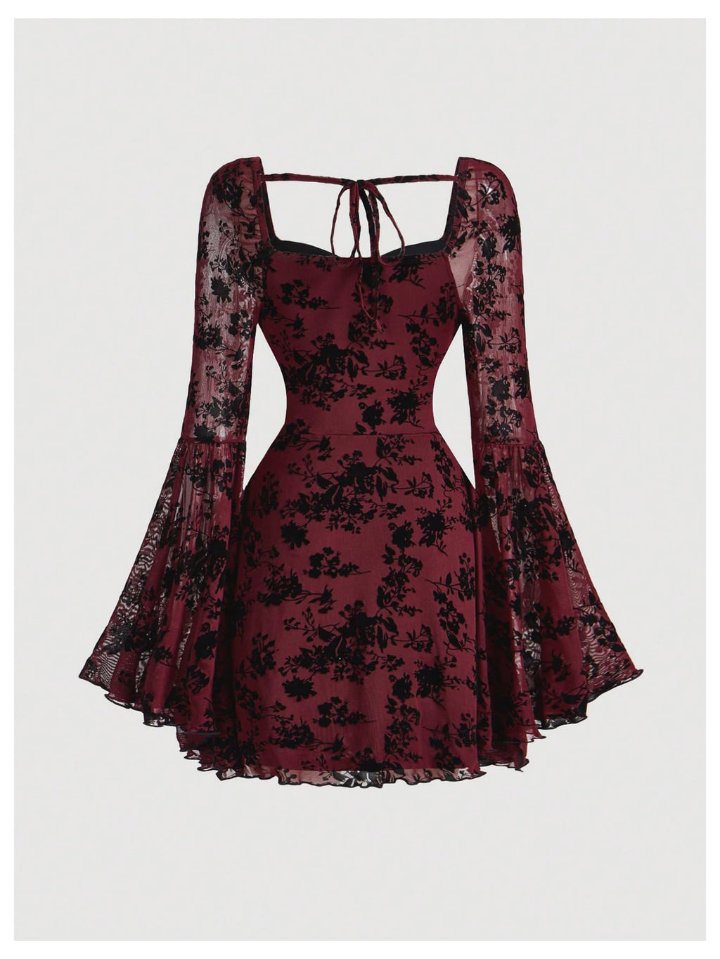 WDIRARA Women's Floral Jacquard Mesh Gothic Dress Bell Long Sleeve A Line Vintage Dresses Burgundy Small