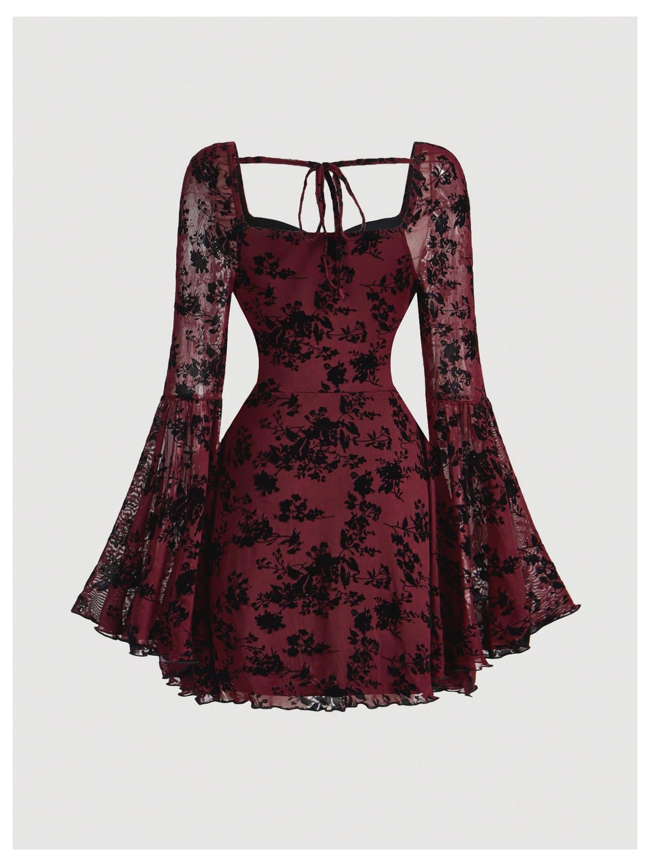 WDIRARA Women's Floral Jacquard Mesh Gothic Dress Bell Long Sleeve A Line Vintage Dresses Burgundy Small
