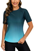 Halcurt Women's Short Sleeve Swim Shirt Rash Guard Swimsuit Top Only UPF50+ Sun Protection Bathing Suit Ombre Green M