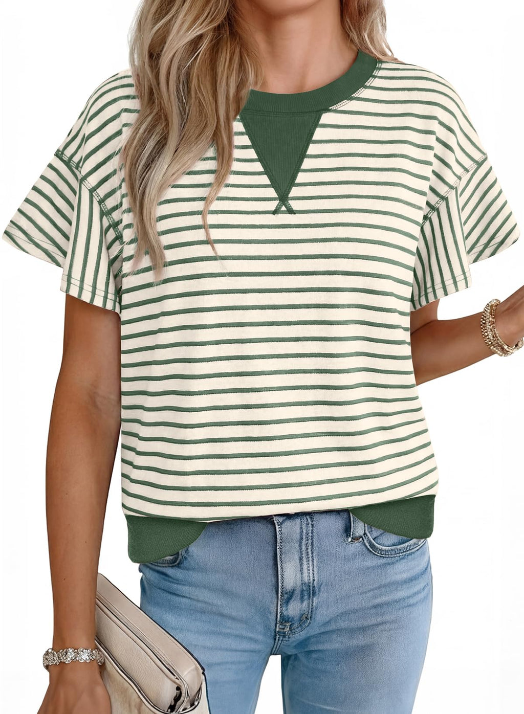 Acelitt Womens Fashion 2026 Summer Casual Crewneck Ruffle Short Sleeve Loose Striped Tshirts Tops Green2 Medium