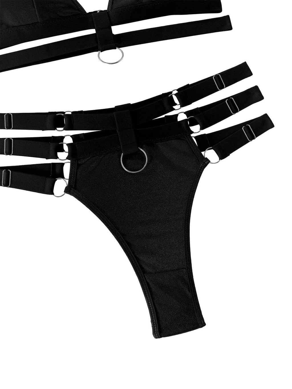 Lilosy Petite Sexy Wireless Choker O Ring Linked Strappy Harness Lingerie Set Outfits 3 Piece Women Matching Bra Panty Underwear Black 3X-Small