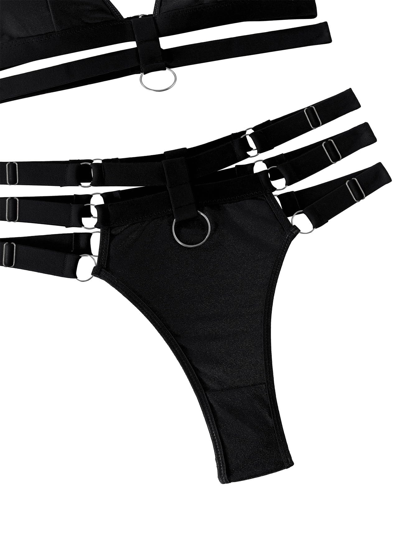 Lilosy Petite Sexy Wireless Choker O Ring Linked Strappy Harness Lingerie Set Outfits 3 Piece Women Matching Bra Panty Underwear Black 3X-Small