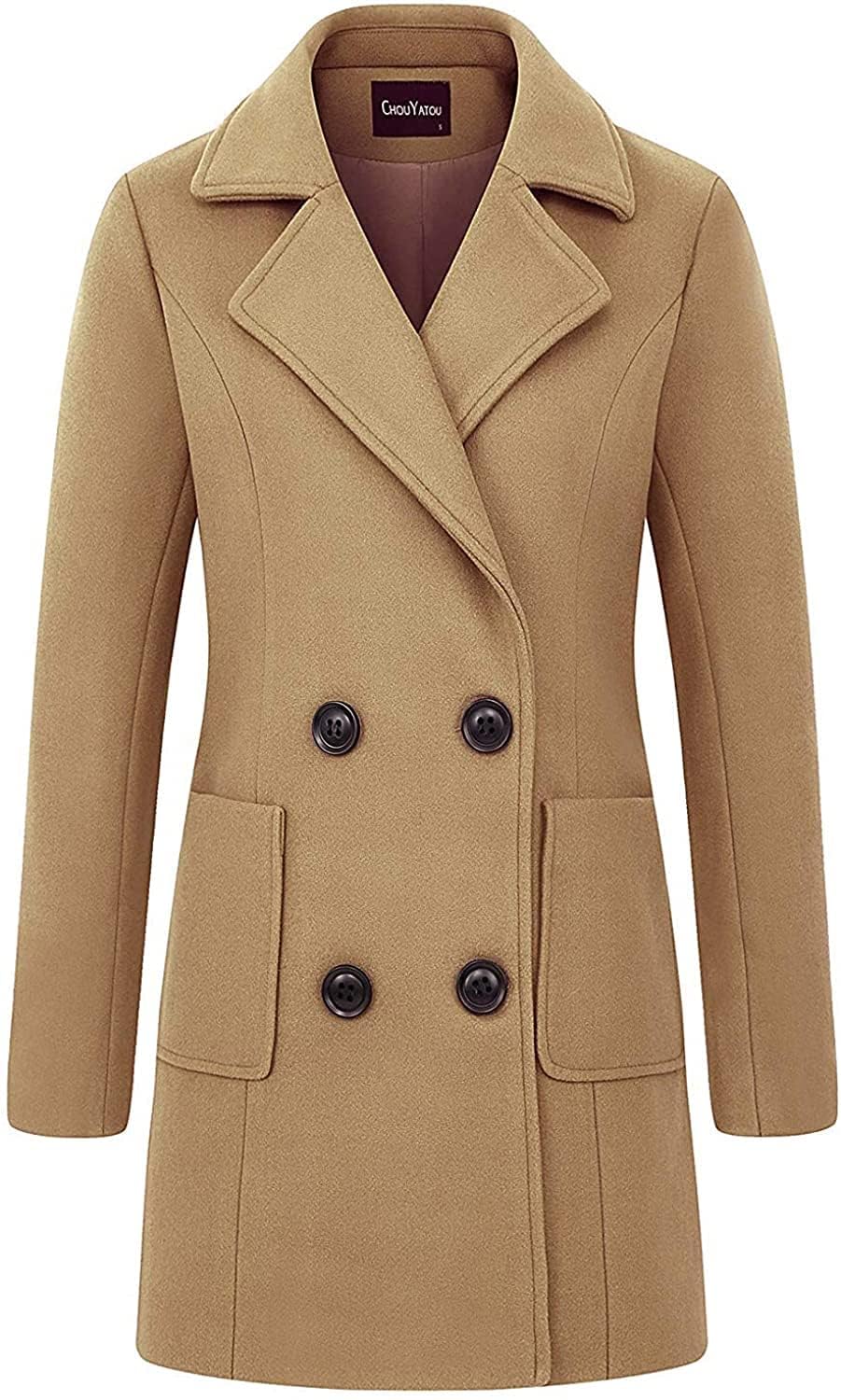 chouyatou Women Elegant Notched Collar Double Breasted Wool Blend Over Coat (Medium, Camel)