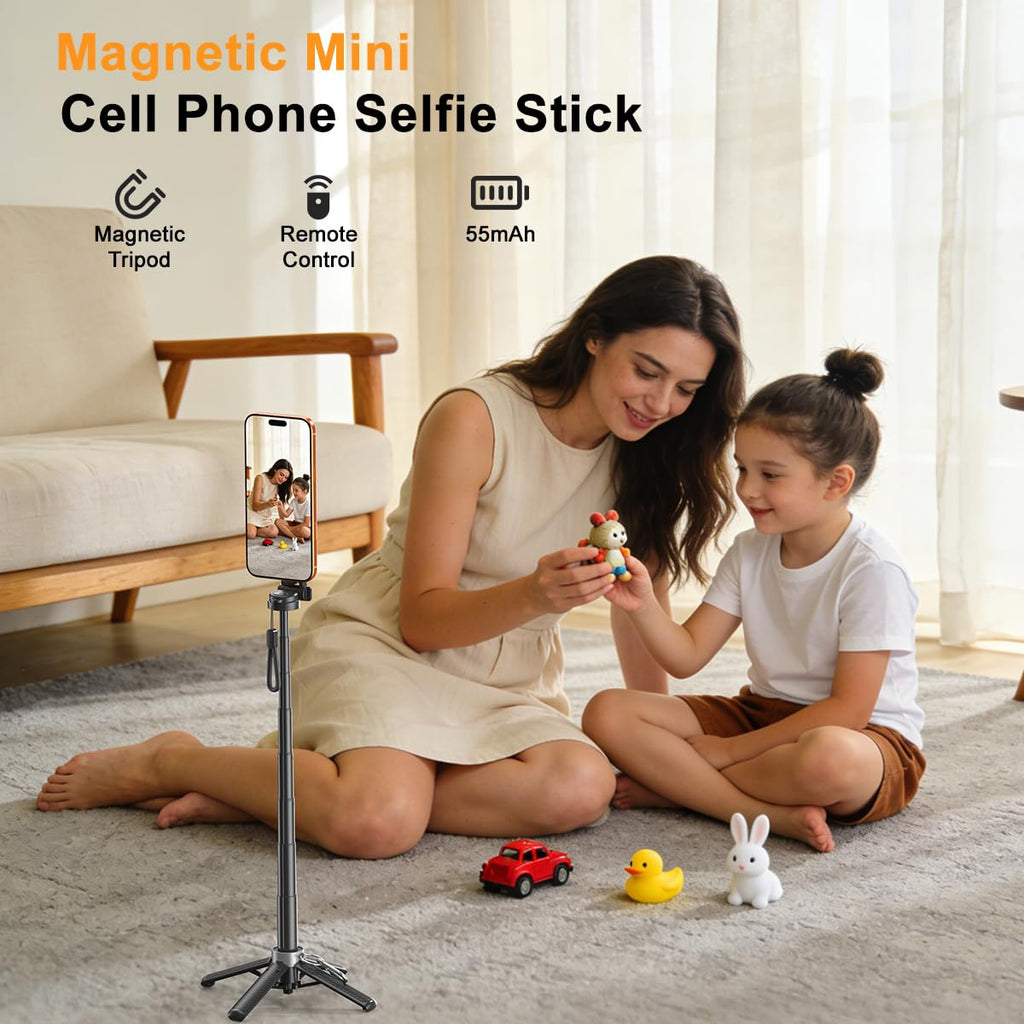 Upgrated 5-in-1 Magnetic Selfie Stick with Remote for Cell Phone 360° Rotation.Can Transforms into Mini Tripod/Camera Grip/Handheld Stabilizer/Phone Stand.Extend to 25 inches