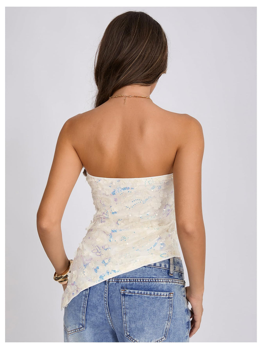 WDIRARA Women's Sparkle Sequin Tube Top Strapless Asymmetrical Bandeau Tops Party Rave Clubwear Apricot & Flower Medium