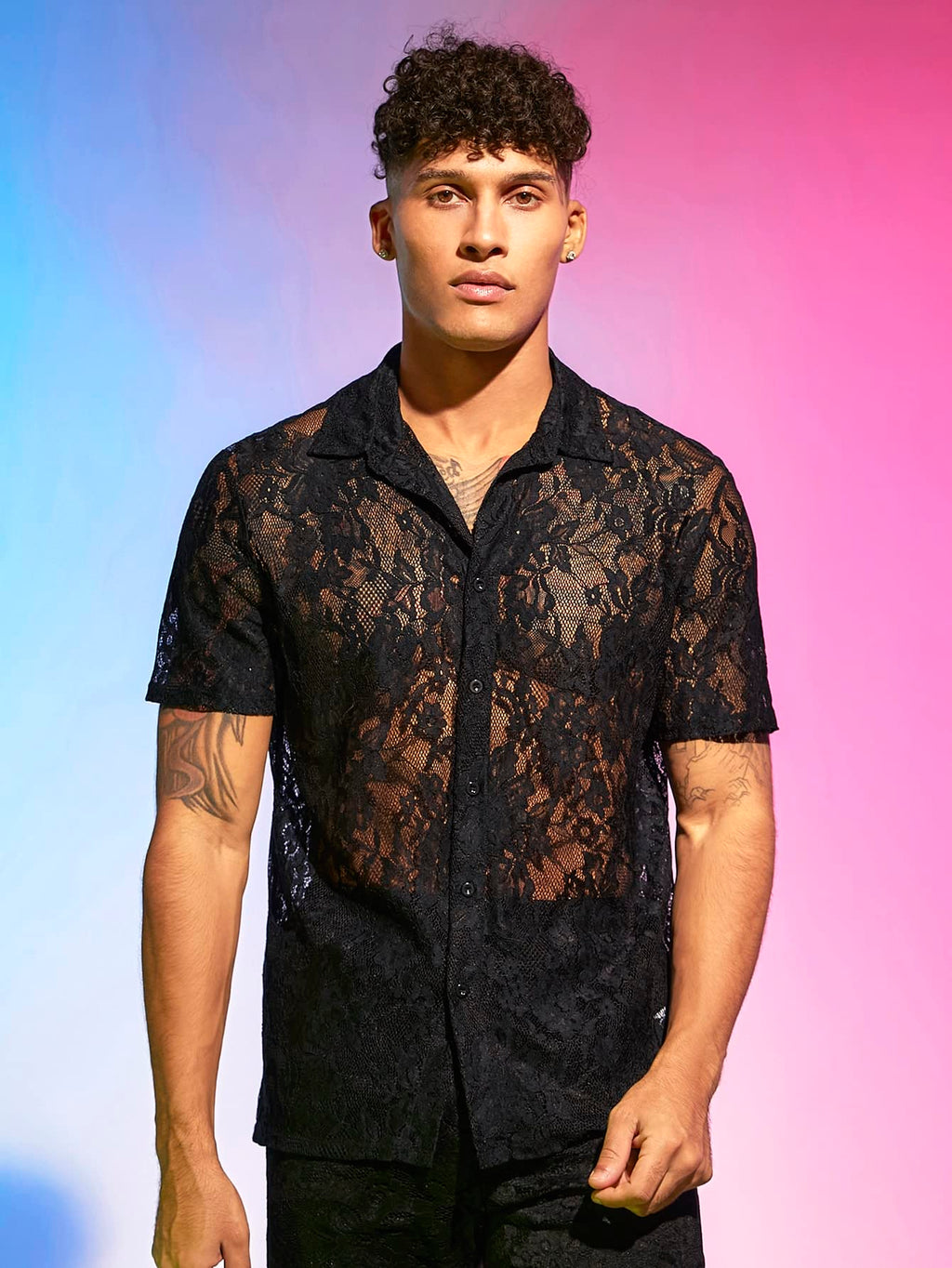 WDIRARA Men's Floral Mesh Tee Top Sheer Round Neck Short Sleeve T Shirts Black Lace XL