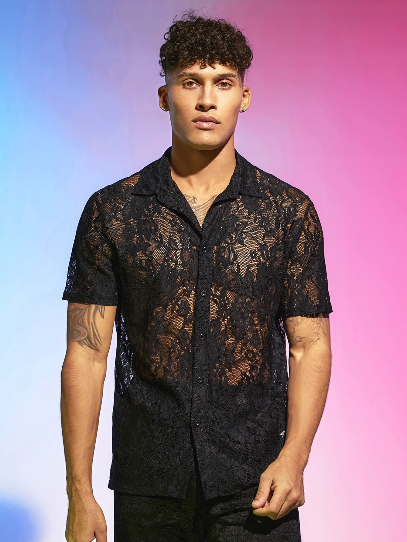 WDIRARA Men's Floral Mesh Tee Top Sheer Round Neck Short Sleeve T Shirts Black Lace XL