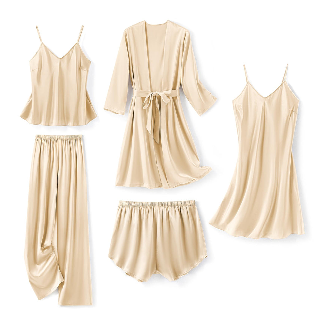 SAPJON Silk Pajamas for Women 5Pcs Sleepwear Loungewear Satin Robe Cami Shorts Pj Set Champagne