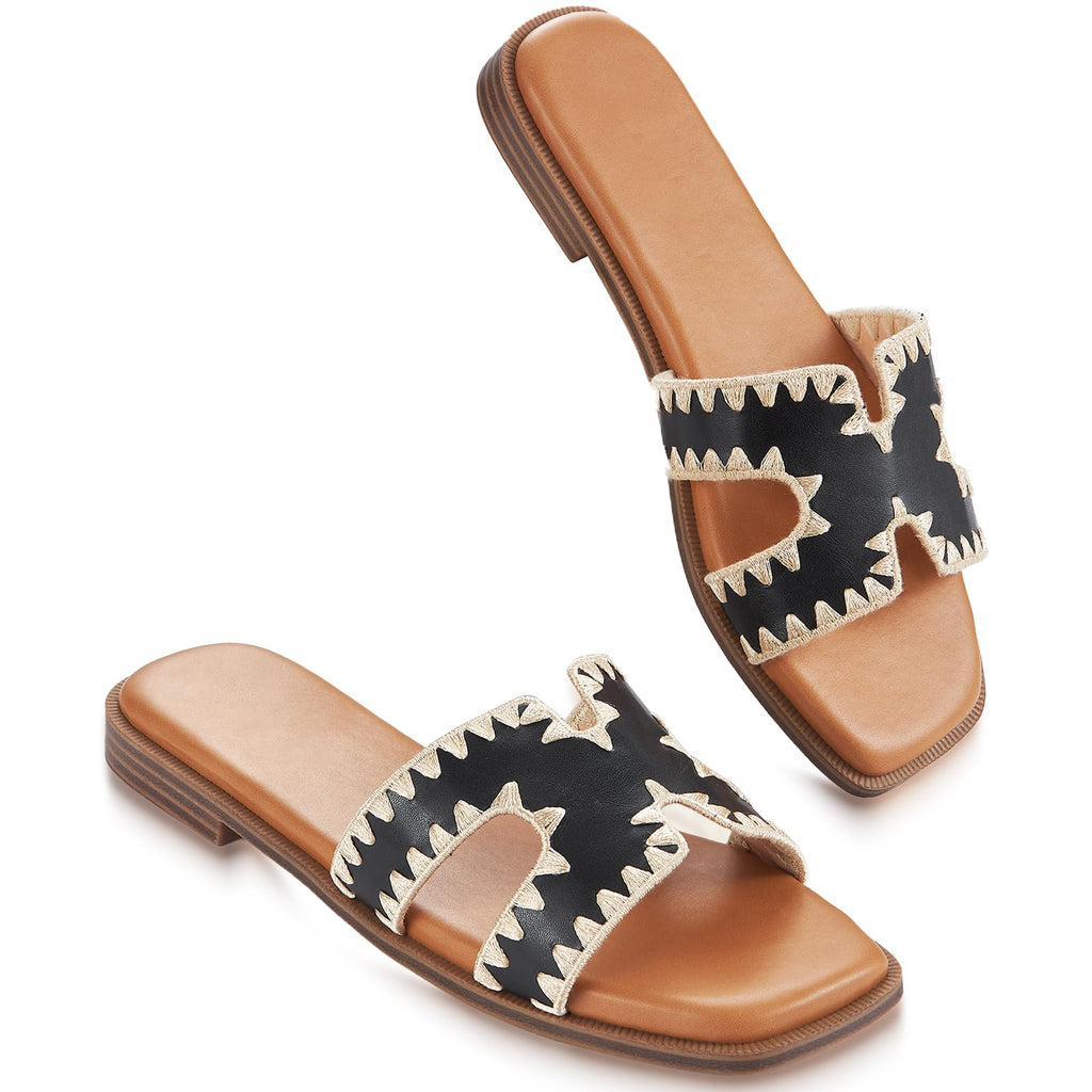 KENMITDY Womens Sandals Slip On Fashion Flat Sandals Soft Memory Foam Slides Comfortable Leather Open Toe Slide For Summer Dressy 2026 Black Size 7