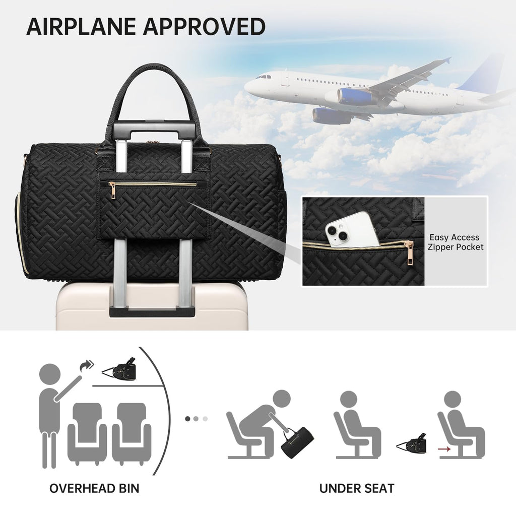 Duffle Bag for Travel, Weekender Bag with Shoe Compartment, Carry On Overnight Bag for Women with Toiletry Bag, 50L Gym Bag with Wet Pocket, Hospital Bags for Labor and Delivery Black Gold