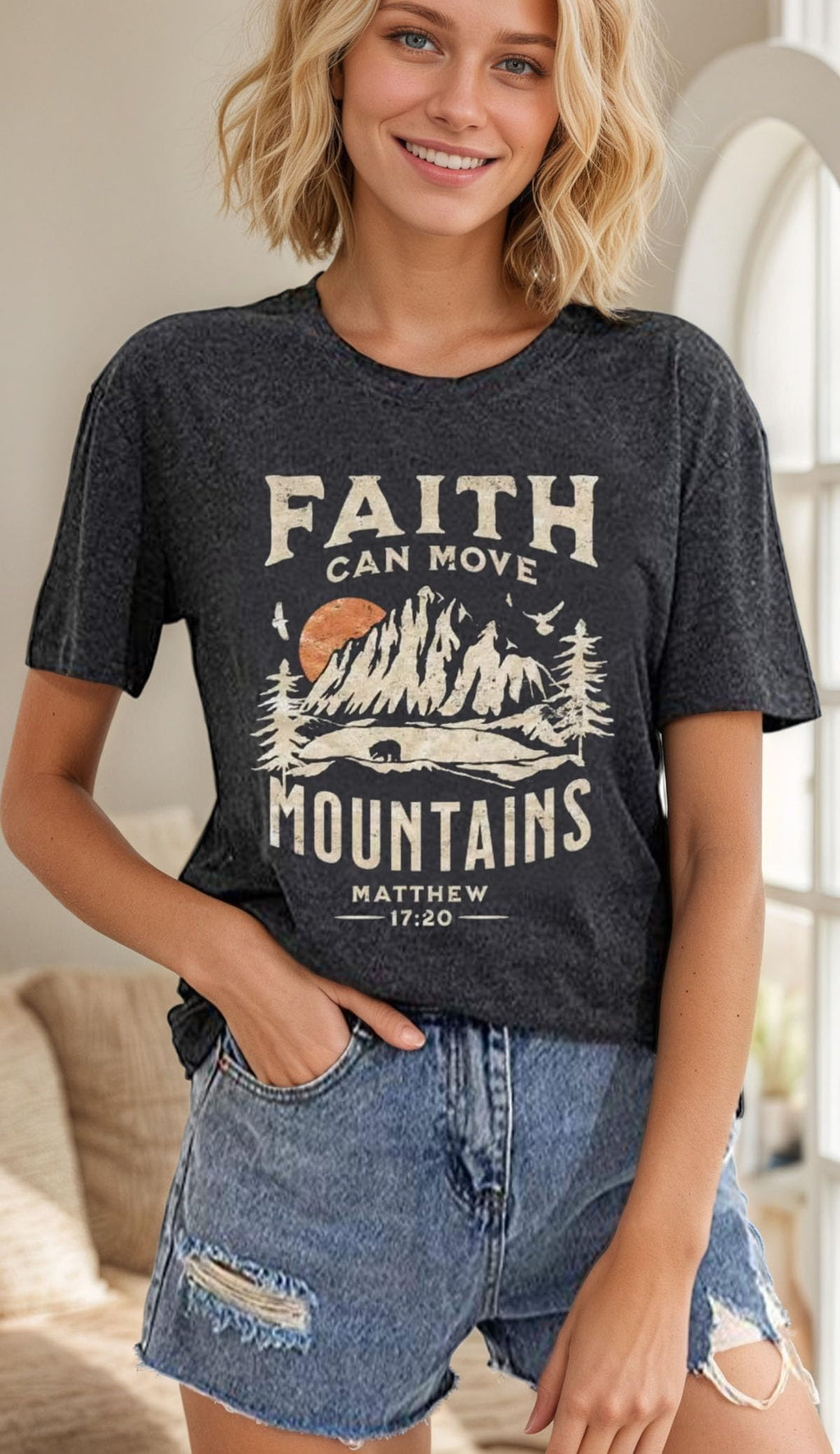 Faith Can Move Mountains Shirt Women Letter Printed Summer Vacation Tee Mountain Adventure Hiking Camping Shirt (Small, Grey)
