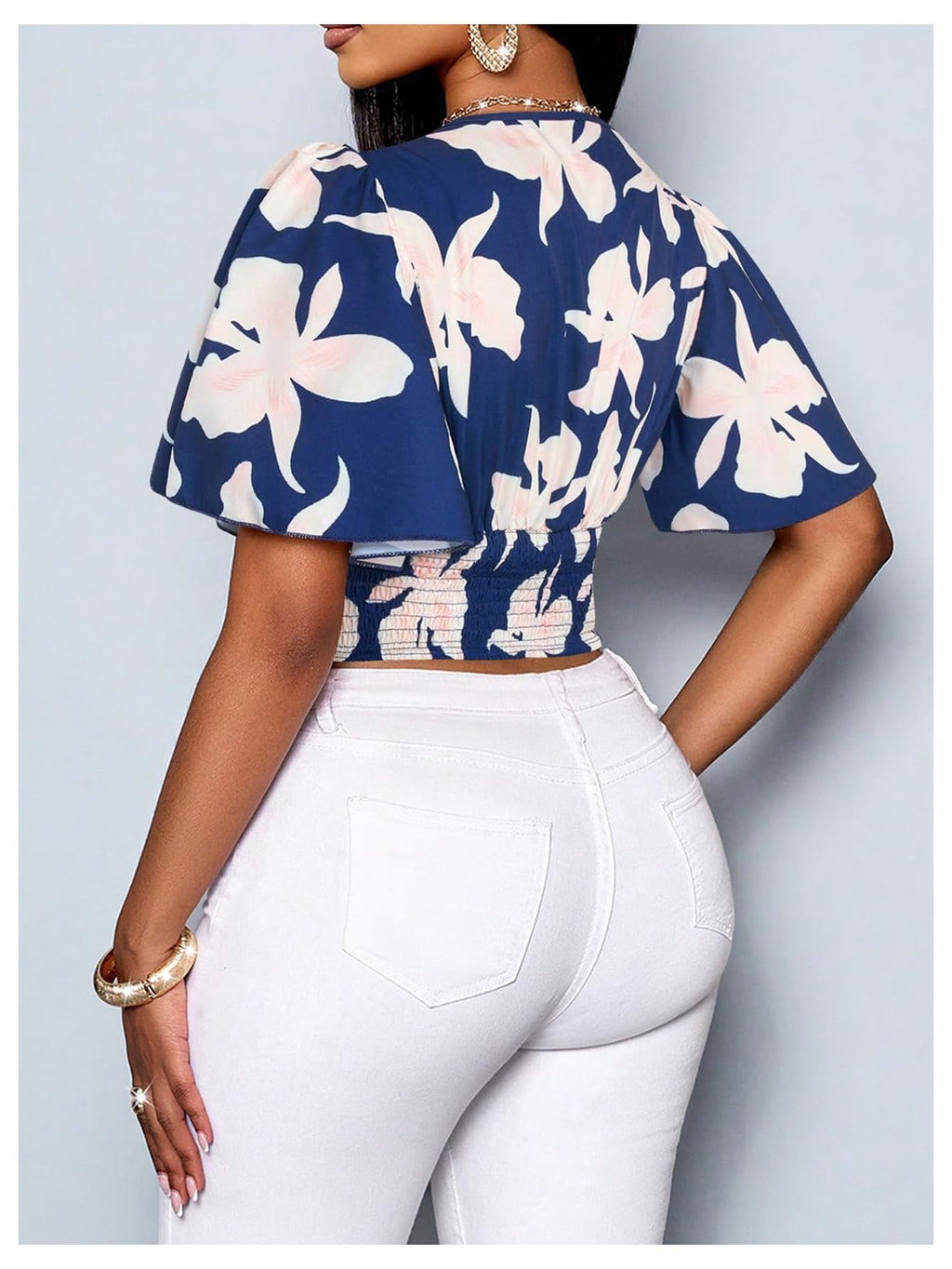 WDIRARA Women's Boho Printed Deep V Neck Short Sleeve Blouse Shirt Summer Casual Crop Tops Royal Blue