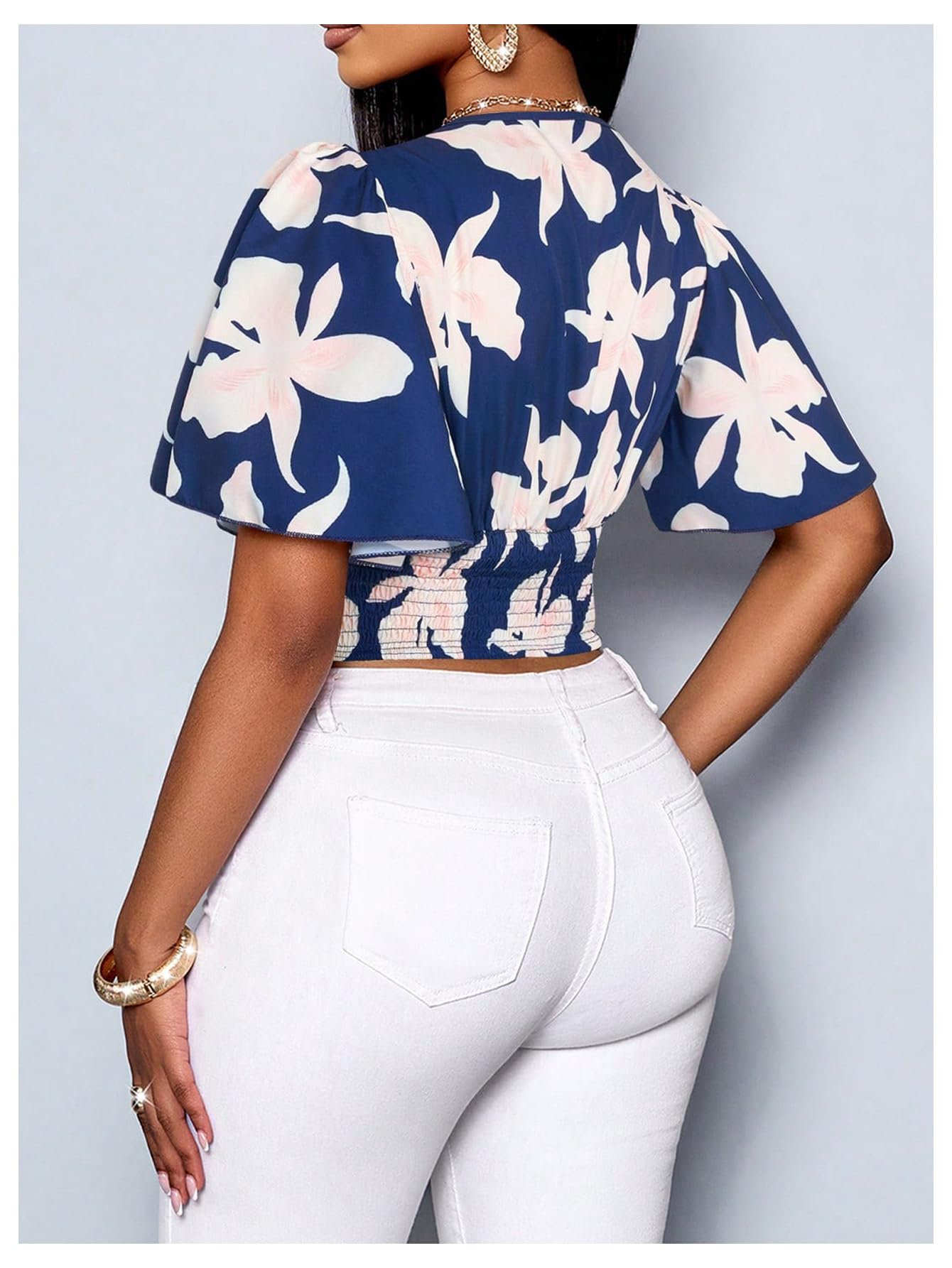 WDIRARA Women's Boho Printed Deep V Neck Short Sleeve Blouse Shirt Summer Casual Crop Tops Royal Blue