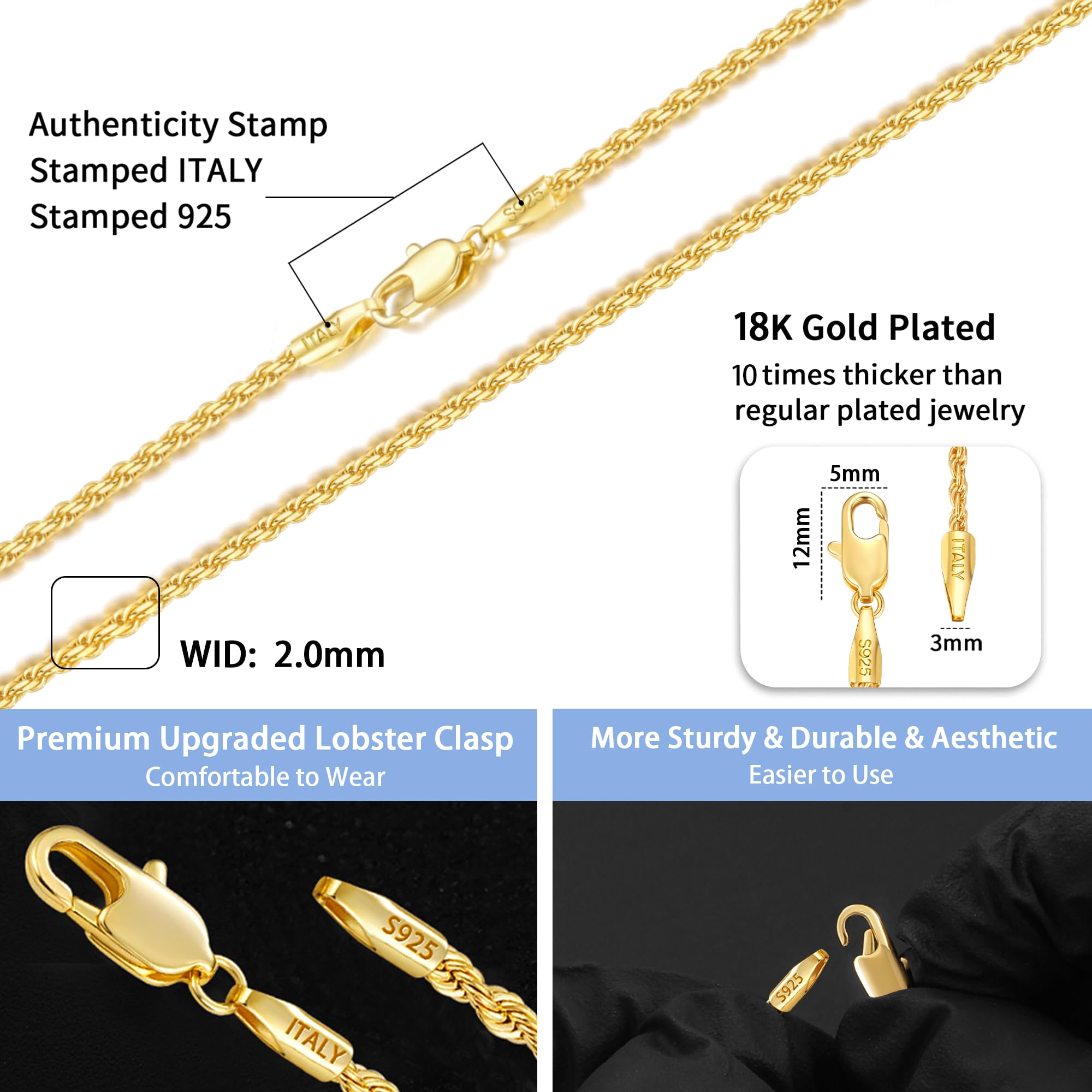 Jewlpire 18k Gold Plated Chain Necklace for Women, 2mm Rope Chains 18k Gold Plated Chain for Women Shiny & Comfortable & Sturdy Womens Chains Necklace 26 Inch