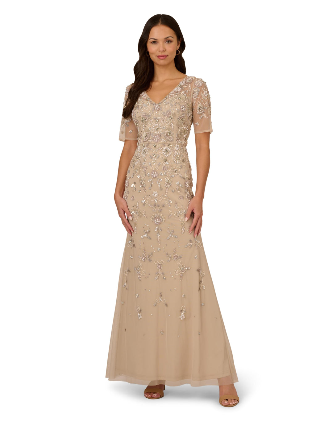 Adrianna Papell Women's Beaded Mesh Long Dress, Biscotti, 2