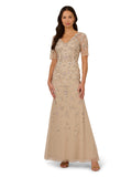 Adrianna Papell Women's Beaded Mesh Long Dress, Biscotti, 2