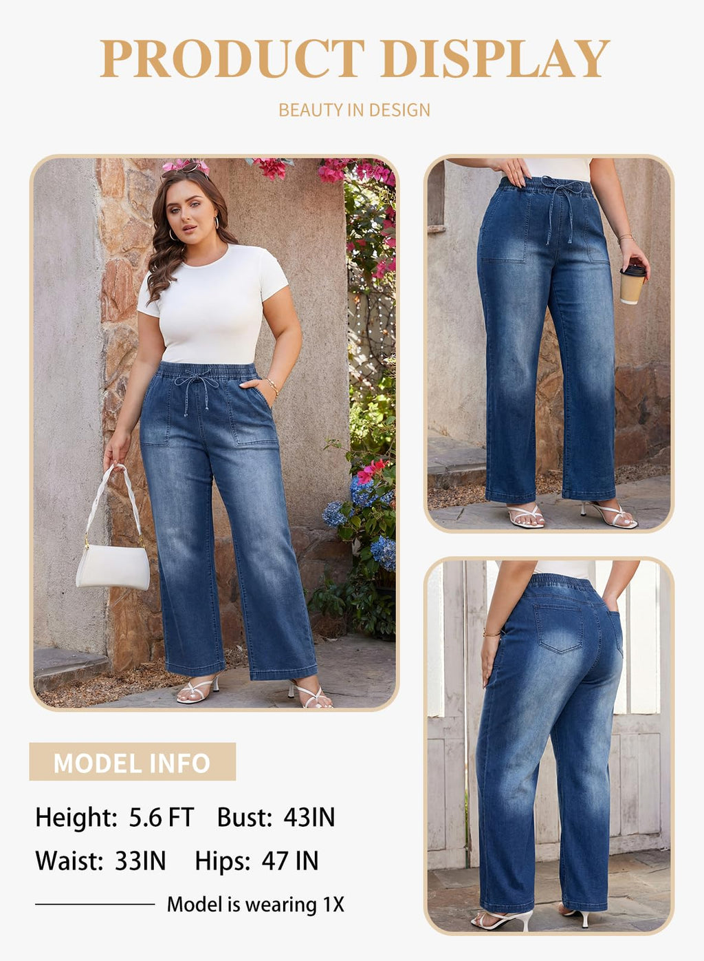 Eytino Plus Size Jeans,High Waisted Straight Leg Stretchy Trendy Loose Drawstring Wide Leg Denim Pants for Curvy Women,3X Dirty Blue