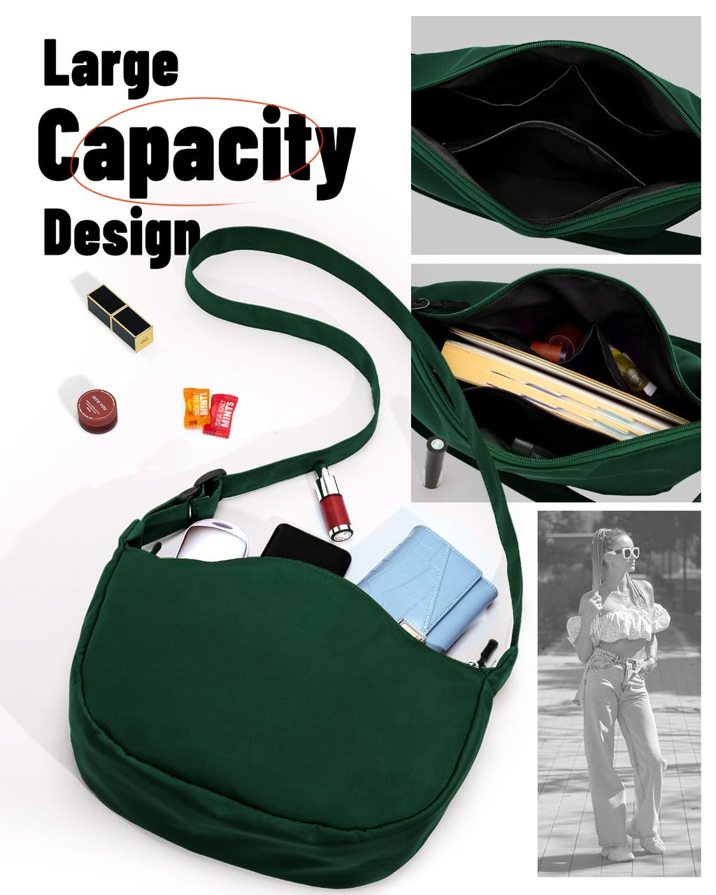 Crossbody Sling Bag for Women Men Trendy, Crescent Bag with Adjustable Strap, 2 Zippers Lightweight Nylon
