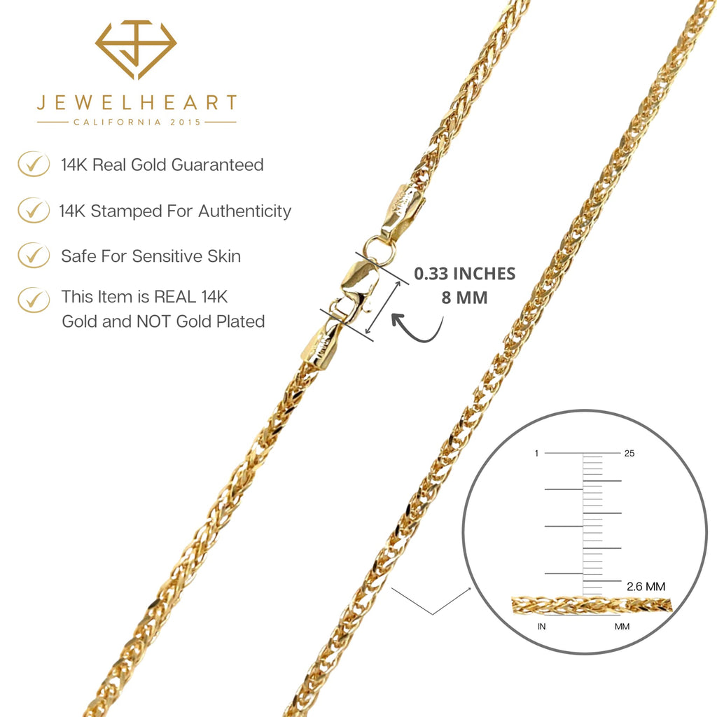JEWELHEART 14K Gold Square Wheat Chain Necklace - 2.6mm Braided 14K Yellow Gold Chain For Men Foxtail Gold Chain Diamond Cut Real Gold Necklaces For Women with Lobster Clasp 24"