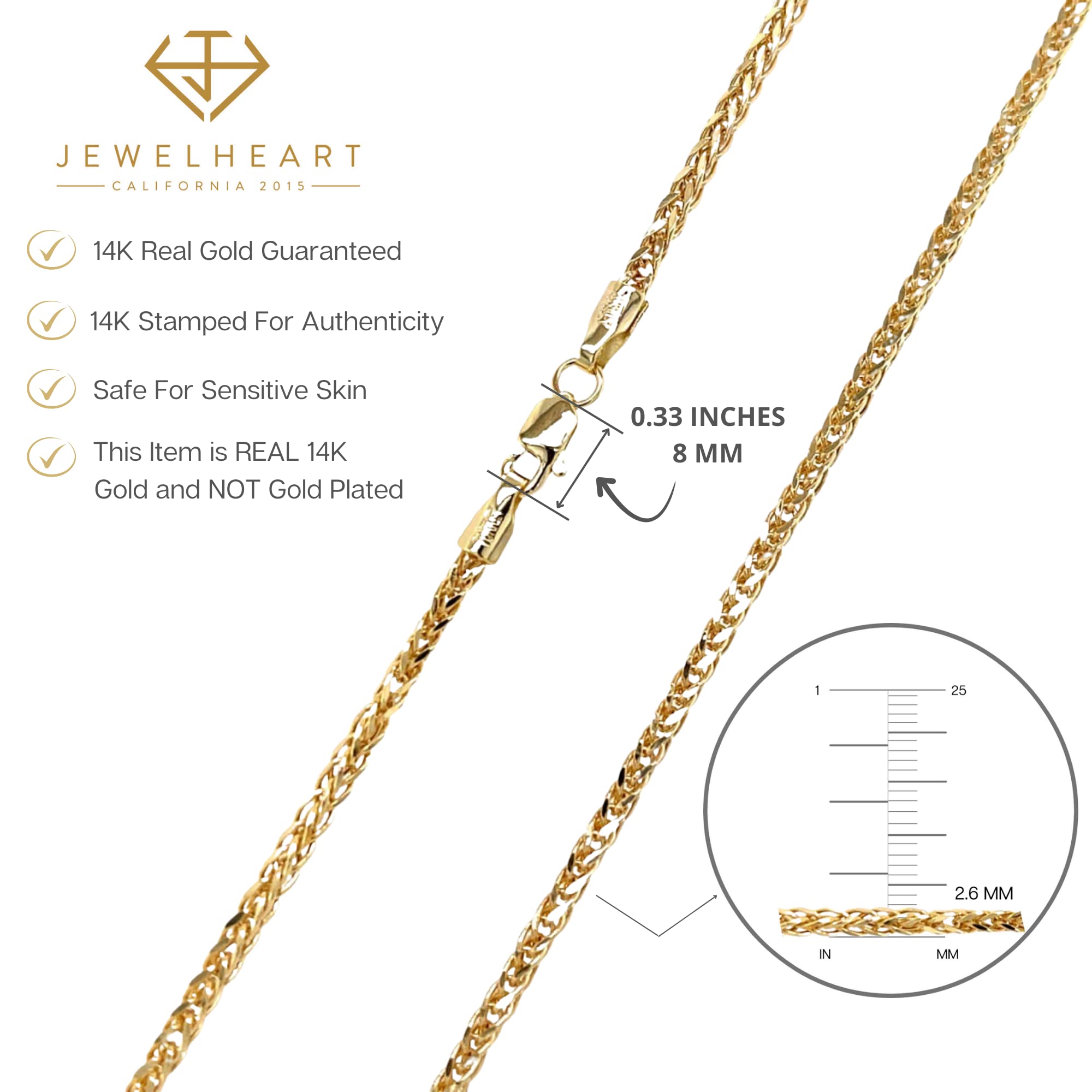 JEWELHEART 14K Gold Square Wheat Chain Necklace - 2.6mm Braided 14K Yellow Gold Chain For Men Foxtail Gold Chain Diamond Cut Real Gold Necklaces For Women with Lobster Clasp 24"