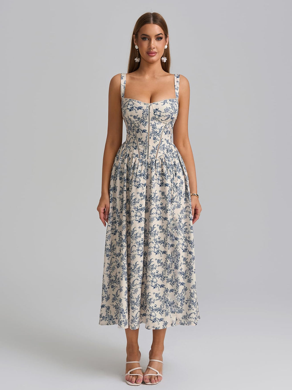 KUTUMAI Floral Corset Midi Dress Flowy Slit Summer Spring Wedding Guest Dresses for Women Sundress with Pockets BlueFloral M