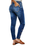 Flamingals Crop Jeans for Women Skinny High Rise Butt Lifting Raw Hem Embroiderd Ankle Jeans Decor Navy Blue M