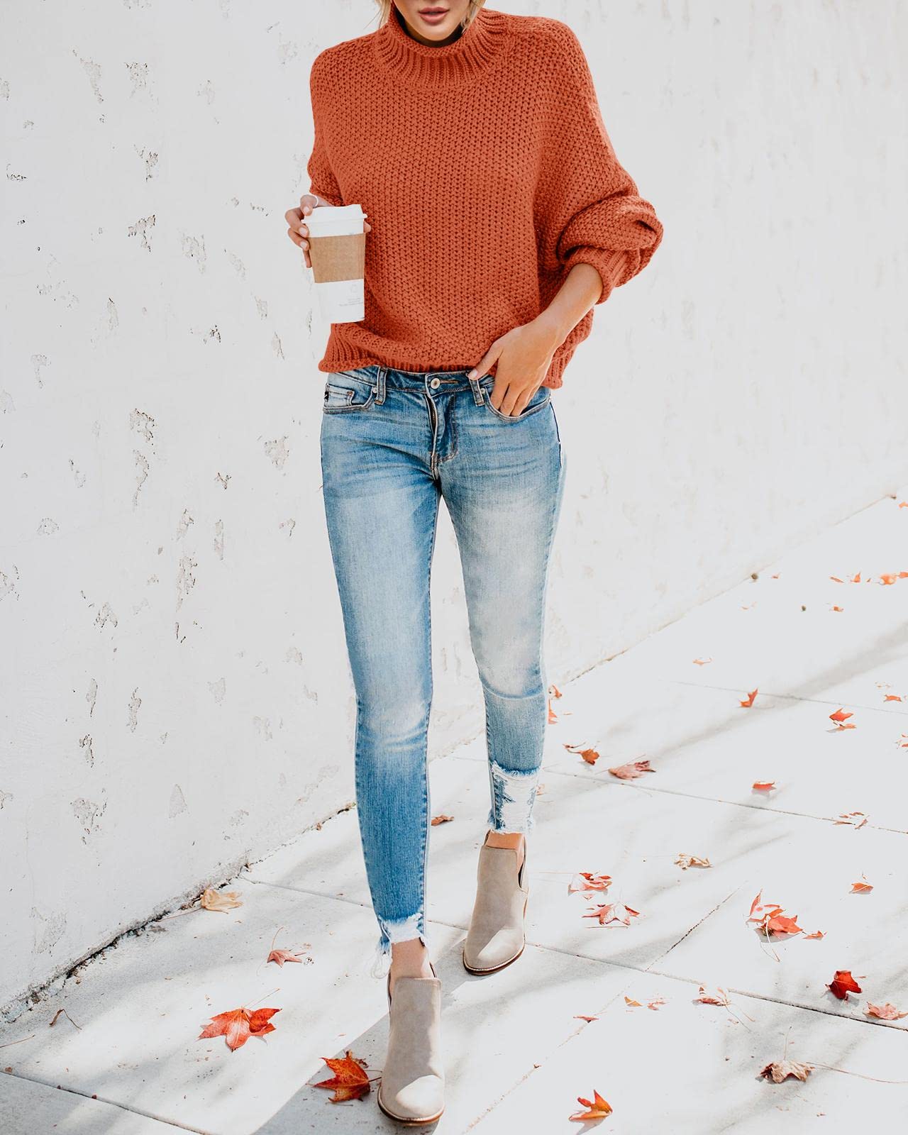 Saodimallsu Womens Turtleneck Oversized Sweaters Batwing Long Sleeve Pullover Loose Chunky Knit Jumper Brick Red