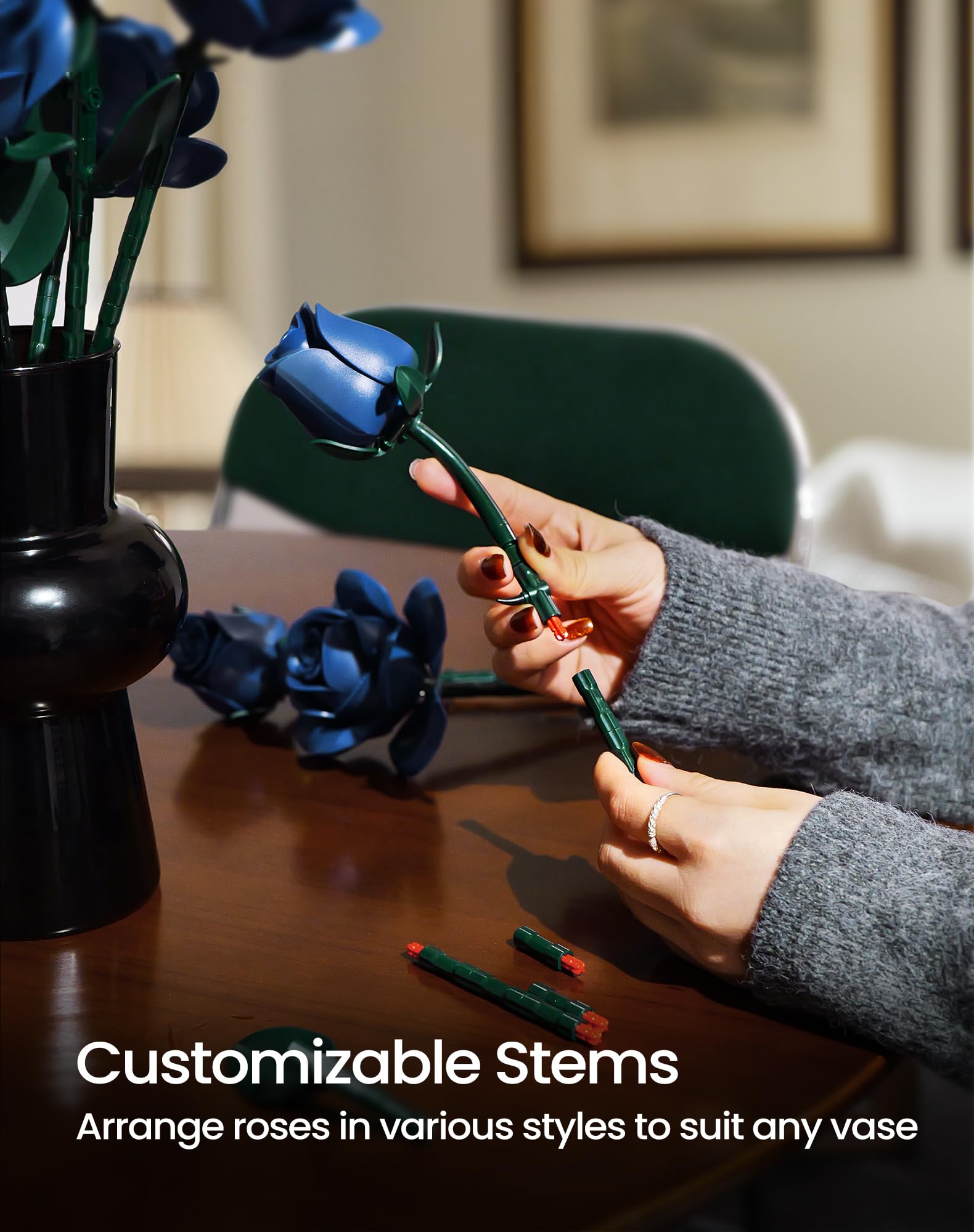 iATOM Blue Rose Bouquet Building Set, 12Pcs Flowers Botanical Collection for Adults, Valentine's Day Gift for Her/Girlfriend/Mom/Wife/Couple, Vintage Home Office Table Centerpiece Decor Aesthetic