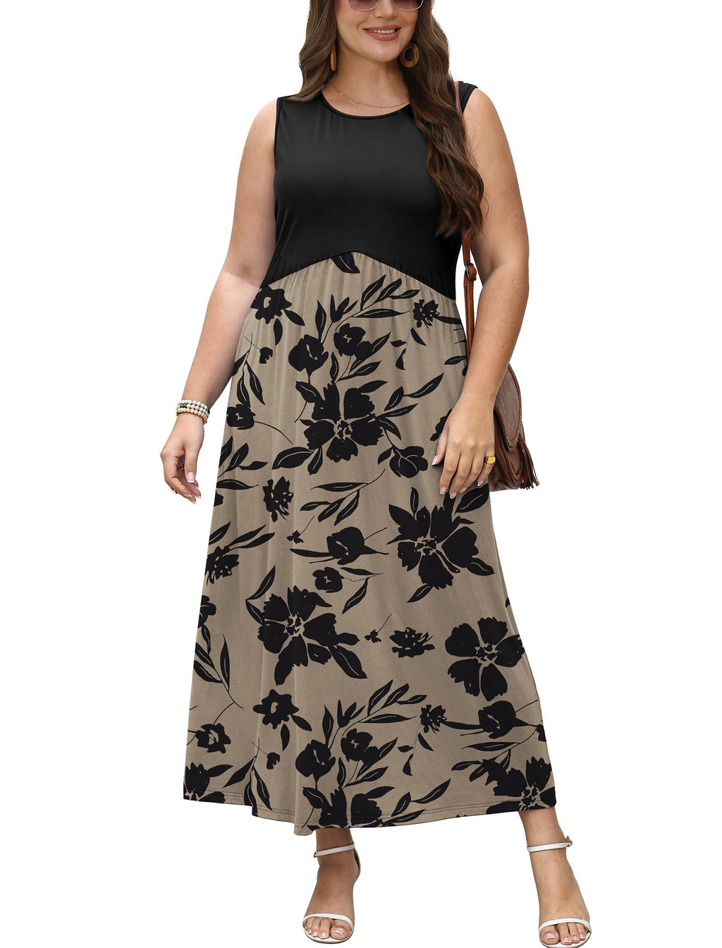 Spring Dresses for Women Maxi Summer Dresses Flowy Floral Tank Dress Long Sleeveless Sundresses with Pockets 2026 Beach Vacation Travel Clothes Airport Outfits L