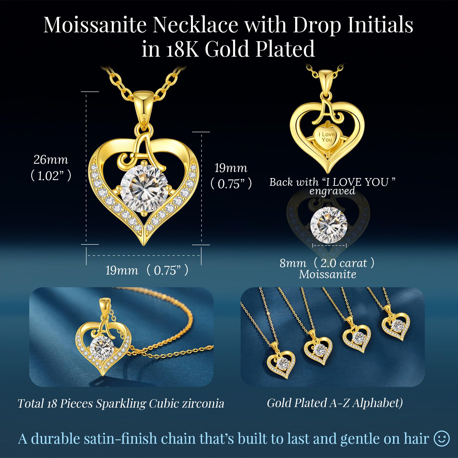 CDE Valentines Day Gift 18K Gold Plated Initial Heart 2 Carat Moissanite Necklace for Women 925 Sterling Silver Jewelry, Christmas Anniversary Birthday Gift for Wife Girlfriend Her (Initial A-2 Carat)