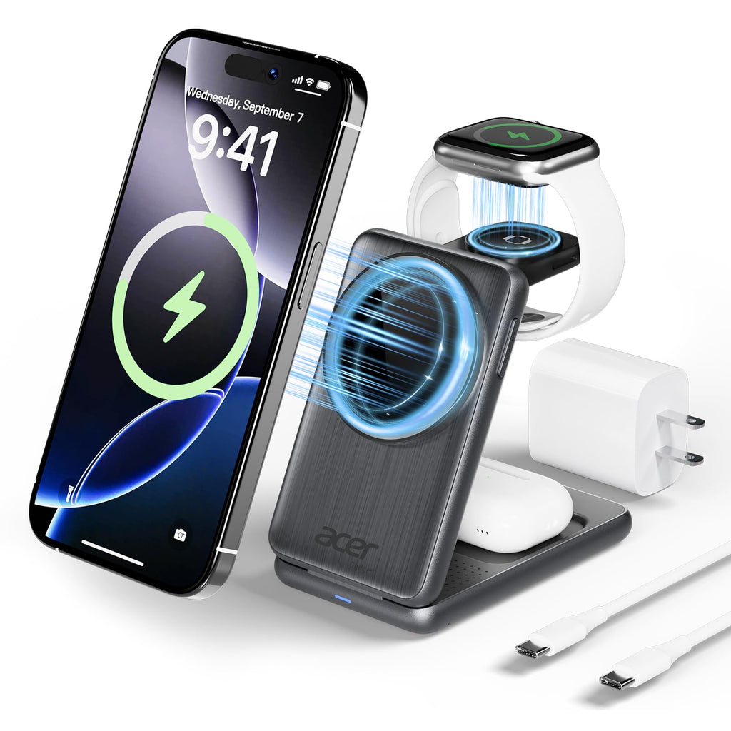 Acer 3 in 1 Charging Station for Apple Device, Magnetic Palm-Sized Foldable Fast Charger Stand Compatible with MagSafe for iPhone 17, Apple Watch & AirPods, Foldable Charging Dock for Desk S3