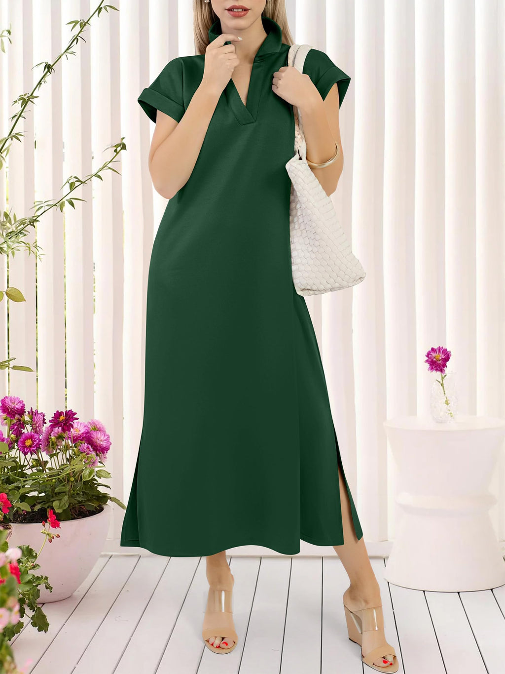 ANRABESS Womens Summer Casual Midi Dresses Short Sleeve Polo V Neck Loose Split Wrinkle-Free Beach Vacation Tshirt Maxi Dress Forest Green Large